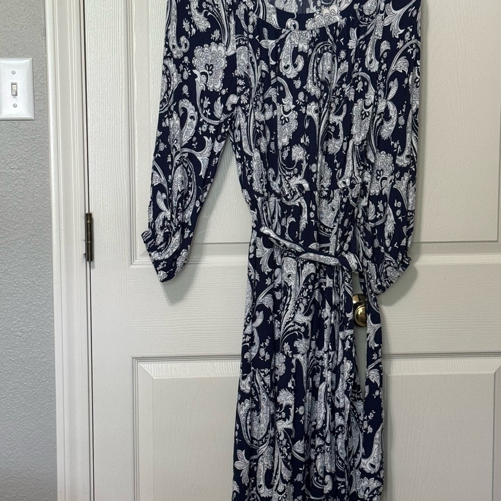 Talbots Blue and White Wrap Dress with Bishop Sleeves